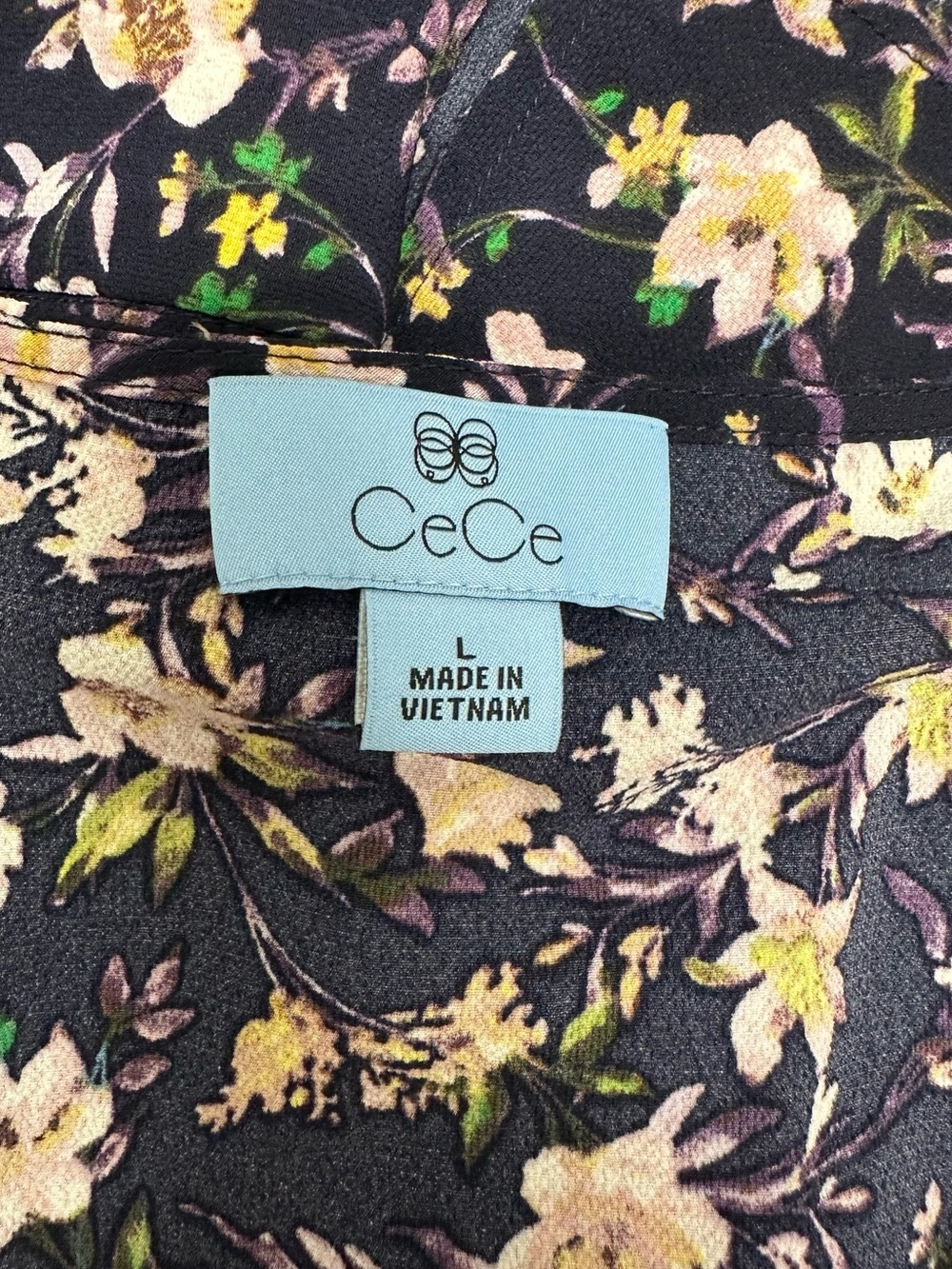 CeCe | Floral Tie Sleeve Blouse Navy Multi | Women's Large Romantic Cottagecore - Picture 4 of 6